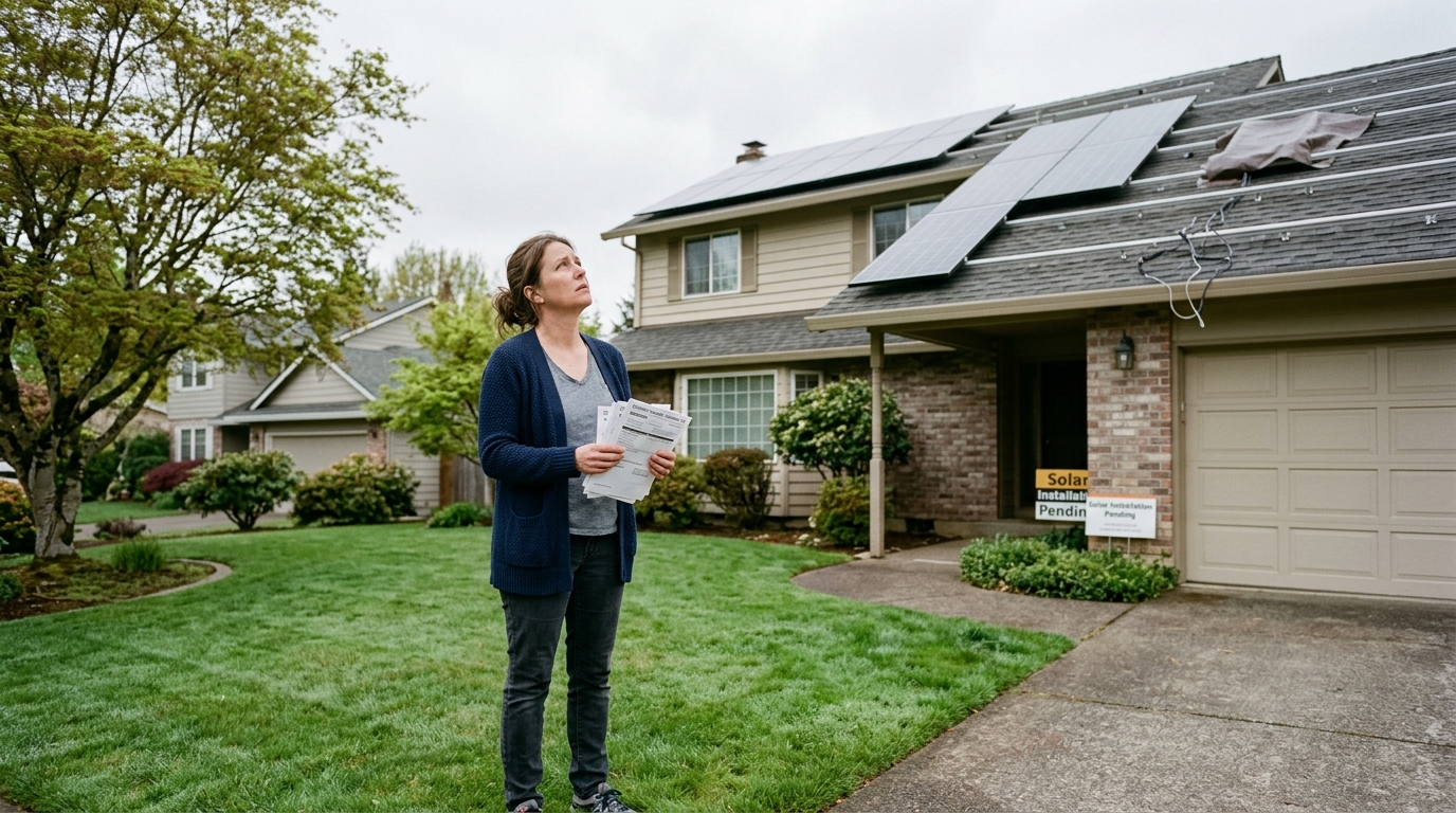 Homeowner standing on suburban front lawn looking up at an unfinished solar array left by a bankrupt installer while holding loan bills