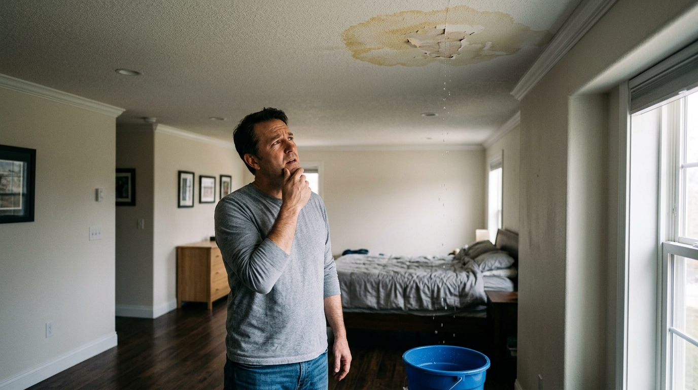 Homeowner in bedroom examining ceiling water leak stains directly beneath rooftop solar panel array