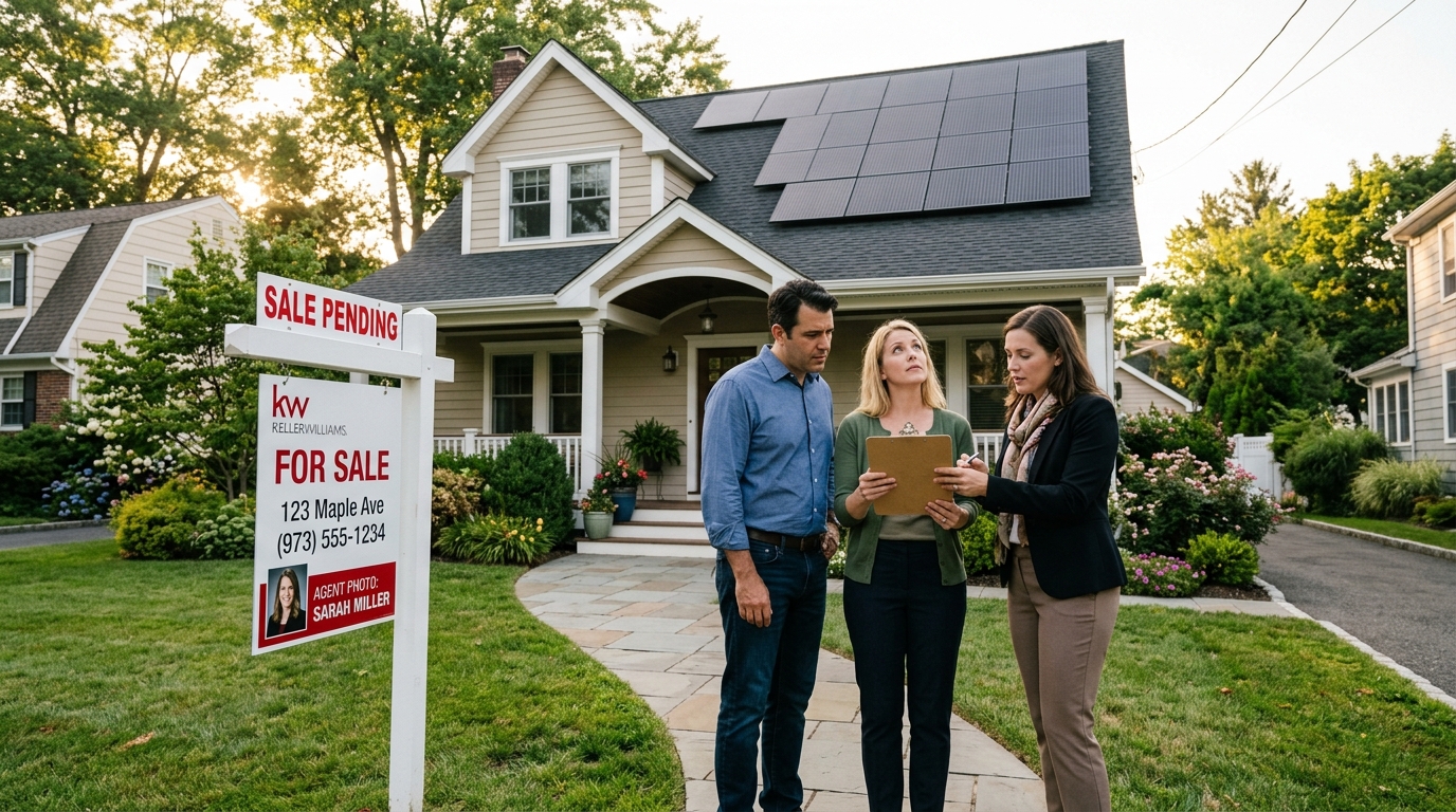Home sellers and real estate agent reviewing escrow settlement statement beside for sale sign with leased rooftop solar panels