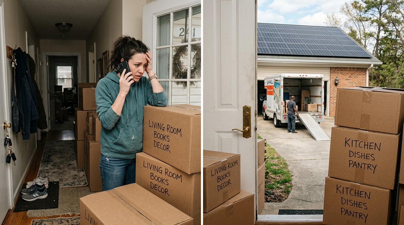 Homeowner surrounded by moving boxes in hallway on phone dealing with delayed solar lease transfer before closing
