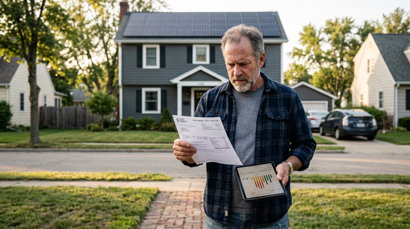 Frustrated American homeowner reviewing utility bills outside suburban house with non-producing rooftop solar panels