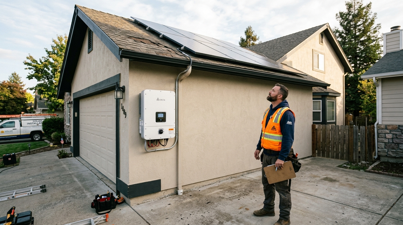 Exterior garage wall with residential solar inverter and roofing contractor inspecting roofline