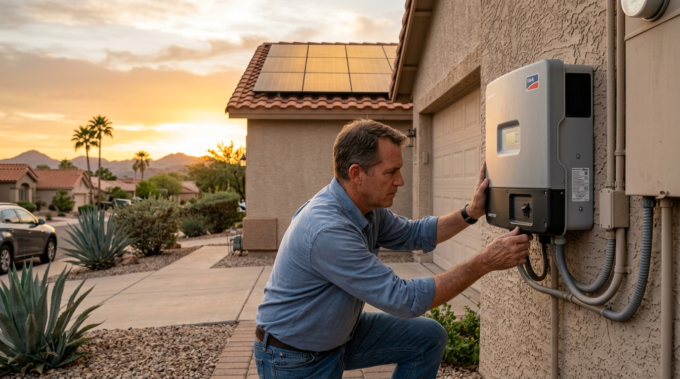 Homeowner inspecting shut down solar inverter on exterior wall under desert sunset after installer bankruptcy