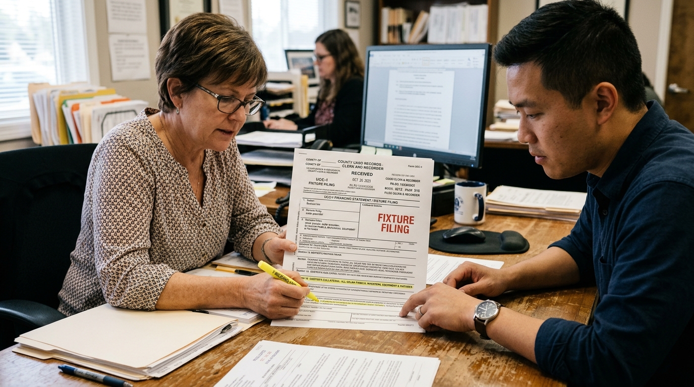 Title closing officer reviewing printed county land records UCC-1 fixture filing document with yellow highlighter