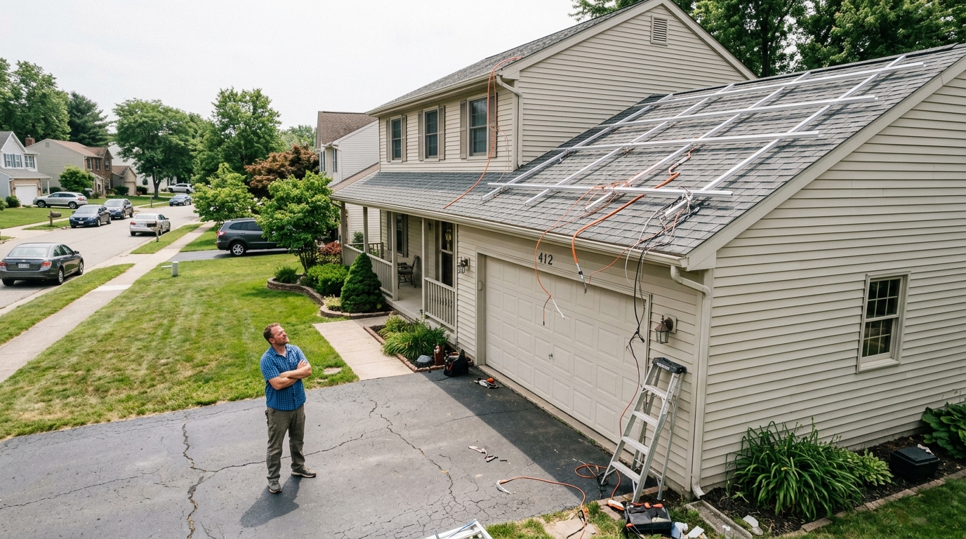 Homeowner looking at an unfinished rooftop solar installation with empty mounting rails and loose electrical conduit