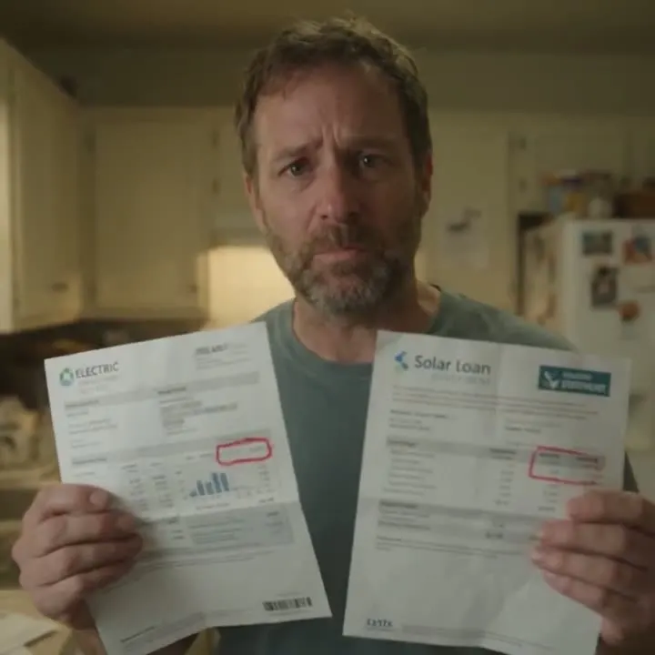Homeowner holding an electric bill and a solar loan statement